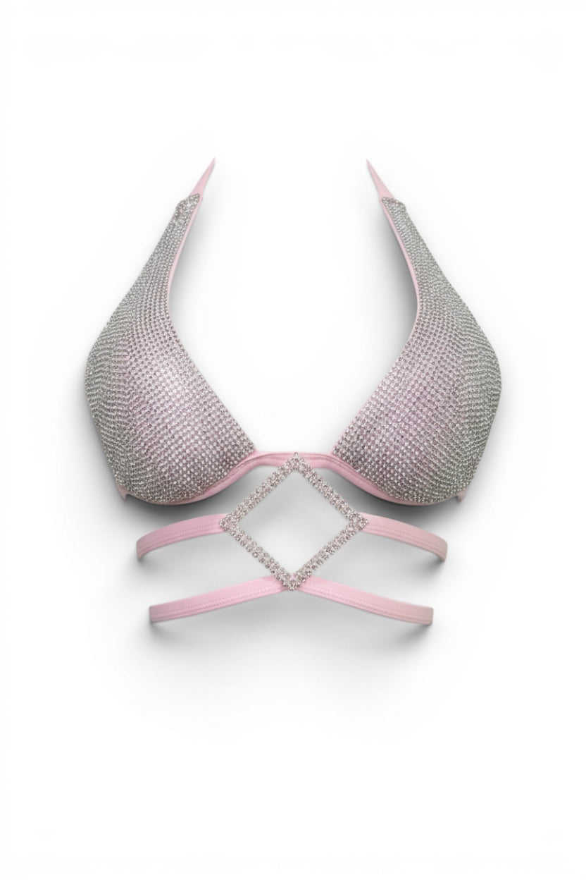 GLAMORZ baby pink two-piece bikini set with a rhinestone-embellished halter bra top and matching bottoms.