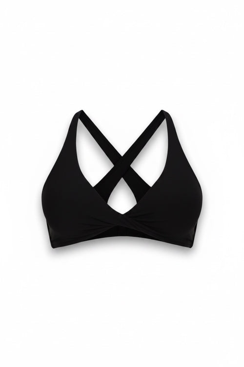 GLAMORZ black BBL bra featuring a front twist detail and supportive crisscross back straps