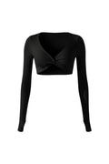 GLAMORZ black long sleeve crop top with a twisted knot detail in the front and a deep V-neck.
