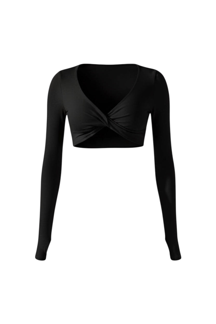GLAMORZ black long sleeve crop top with a twisted knot detail in the front and a deep V-neck.