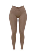 GLAMORZ brown scrunch leggings with drawstring waist. Model wearing size S.