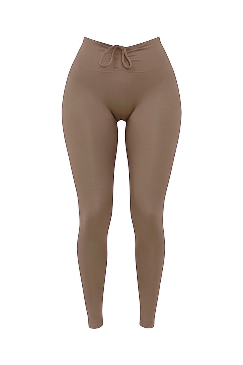GLAMORZ brown scrunch leggings with drawstring waist. Model wearing size S.