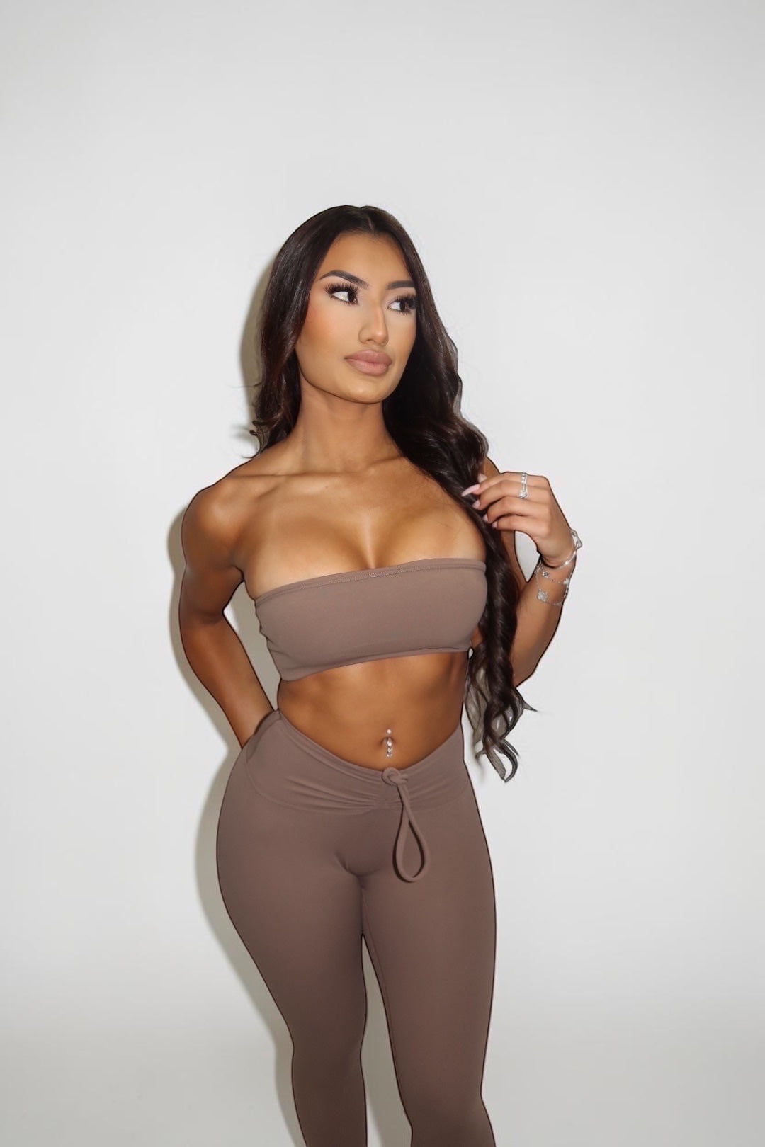 GLAMORZ brown sleeveless tube top worn by a model with long dark hair against a white background