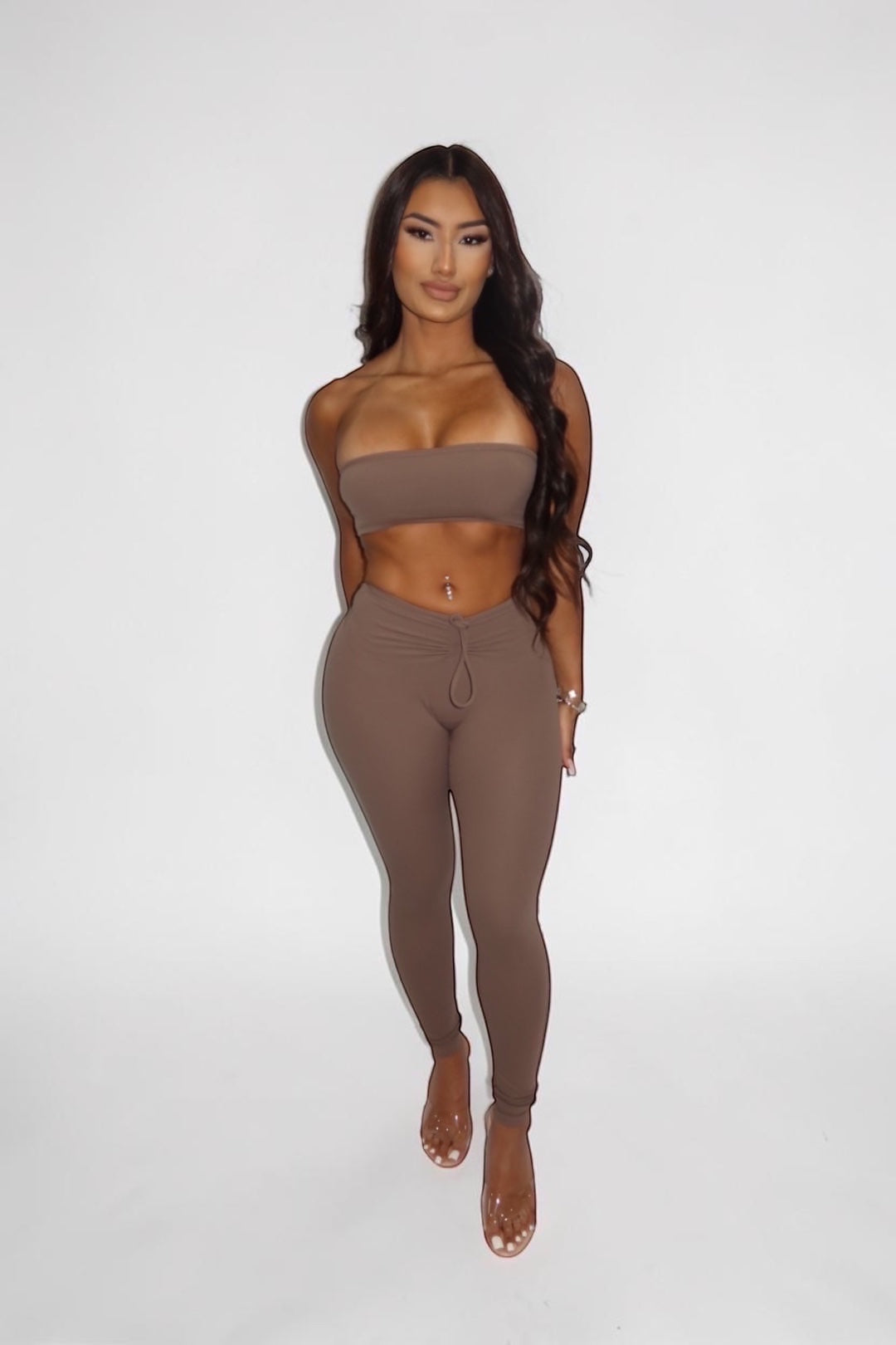 GLAMORZ brown sleeveless tube top and matching leggings worn by a model against a white background