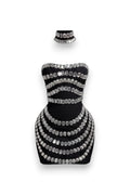 GLAMORZ black strapless mini dress featuring horizontal rows of sparkling crystals and a matching crystal choker.
