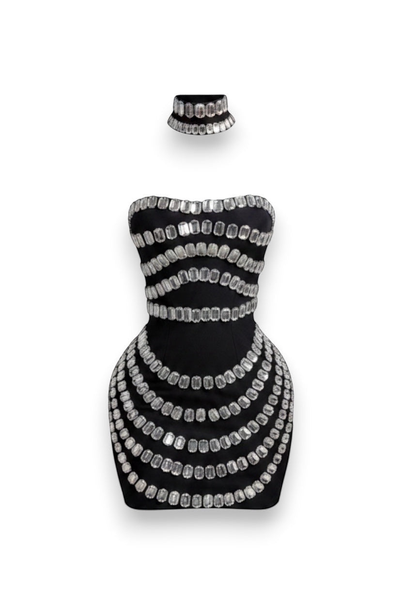 GLAMORZ black strapless mini dress featuring horizontal rows of sparkling crystals and a matching crystal choker.