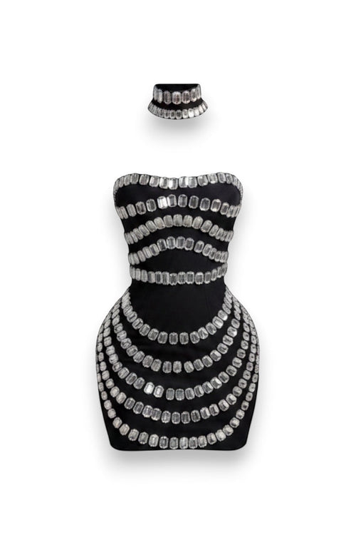 GLAMORZ black strapless mini dress featuring horizontal rows of sparkling crystals and a matching crystal choker.