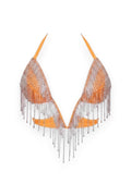 GLAMORZ coral bikini top with adjustable straps and silver rhinestone fringe detail.