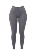 GLAMORZ grey scrunch leggings with drawstring waist and matching bandeau top. Model is wearing size S.