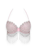 GLAMORZ baby pink bra top with adjustable straps, encrusted with rhinestones and dangling fringe.