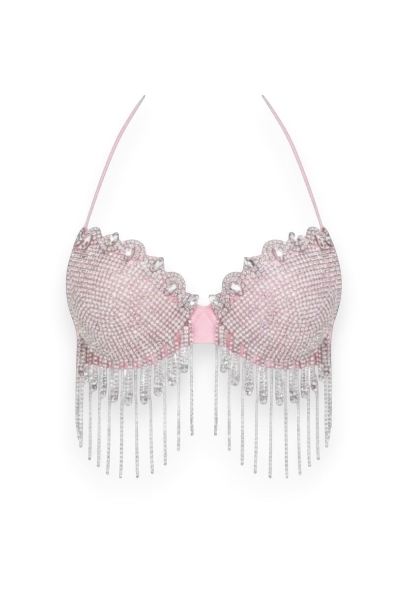 GLAMORZ baby pink bra top with adjustable straps, encrusted with rhinestones and dangling fringe.