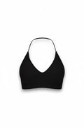 GLAMORZ Sculptra black halter bra with a deep V-neckline and thin straps, designed for a sleek, minimalist fit.