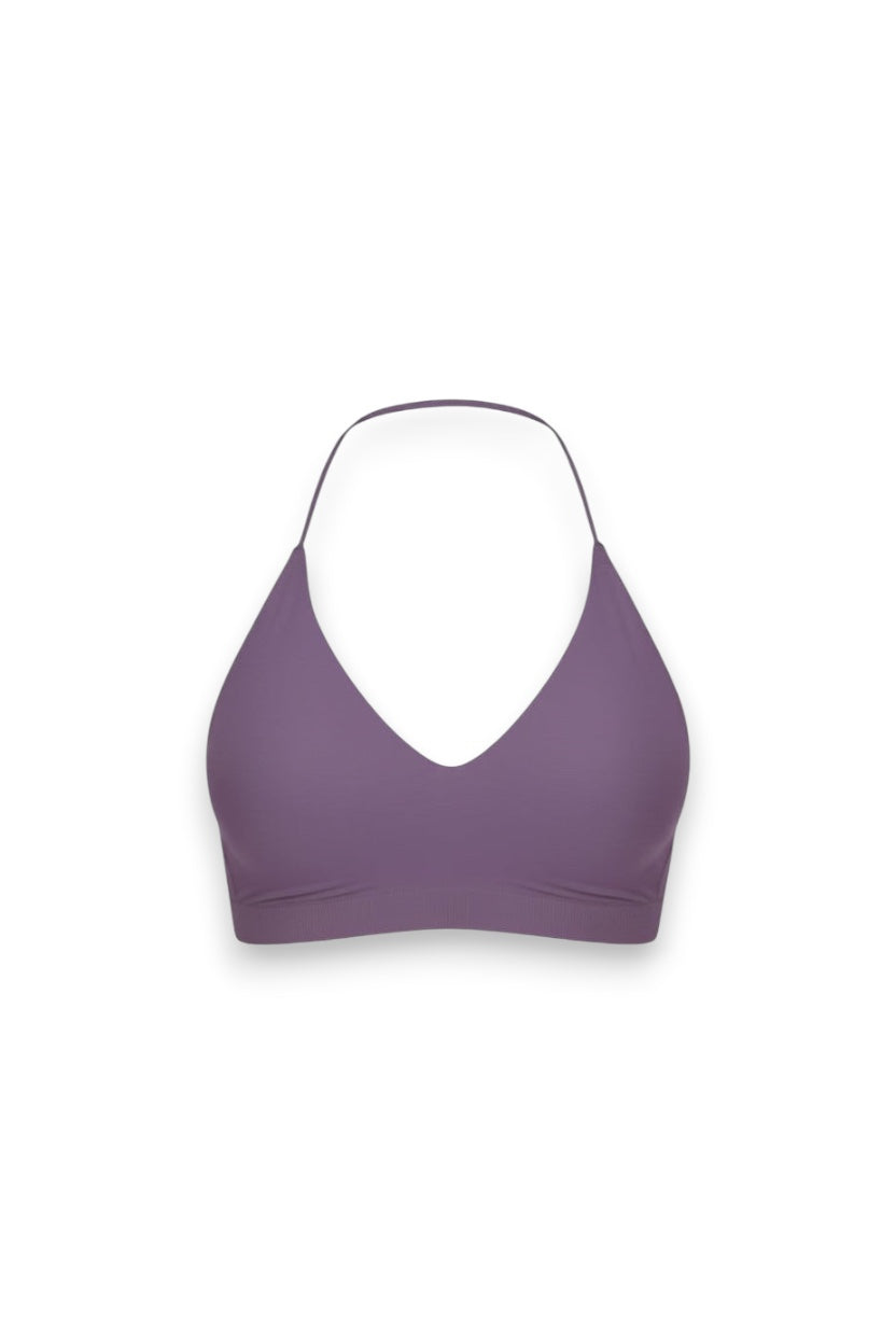 GLAMORZ Sculptra mauve halter bra with a deep V-neckline and seamless athletic design.