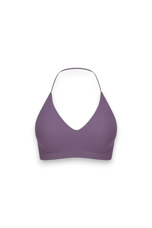 GLAMORZ Sculptra mauve halter bra with a deep V-neckline and seamless athletic design.