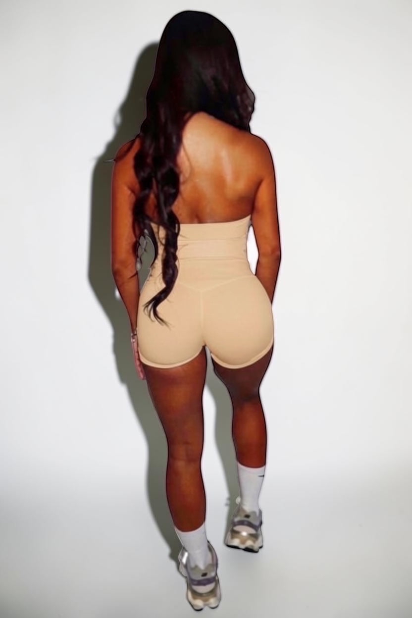 GLAMORZ Serenity Slim Shorts in butternut, seamless, high-waisted, form-fitting design. Model is wearing size S.