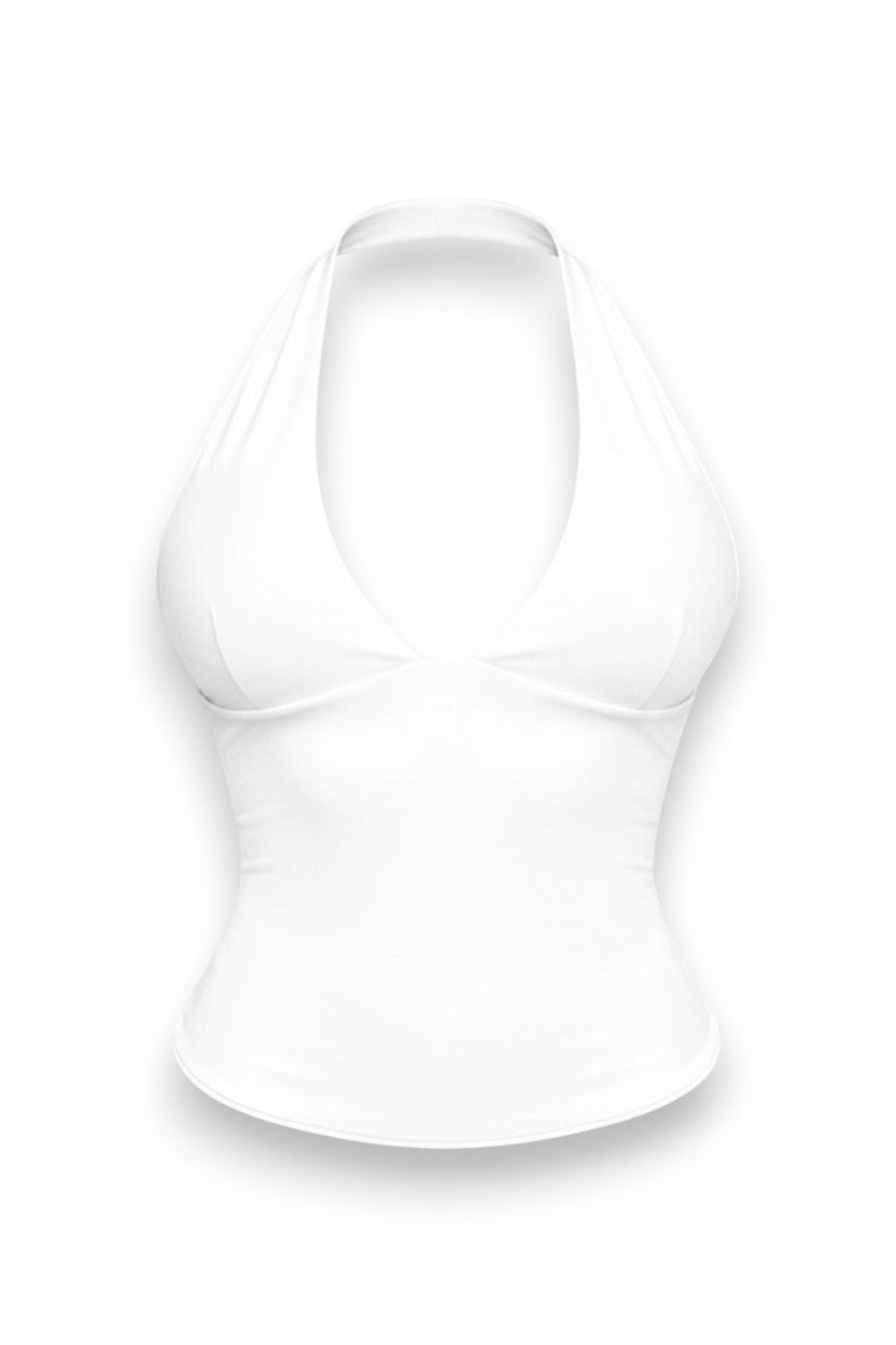 GLAMORZ white halter tank top with a deep V-neck and fitted silhouette. Model is wearing a size S.