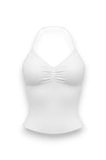 GLAMORZ white halter top with ruched bust detail and thin straps. A simple, elegant tank top.