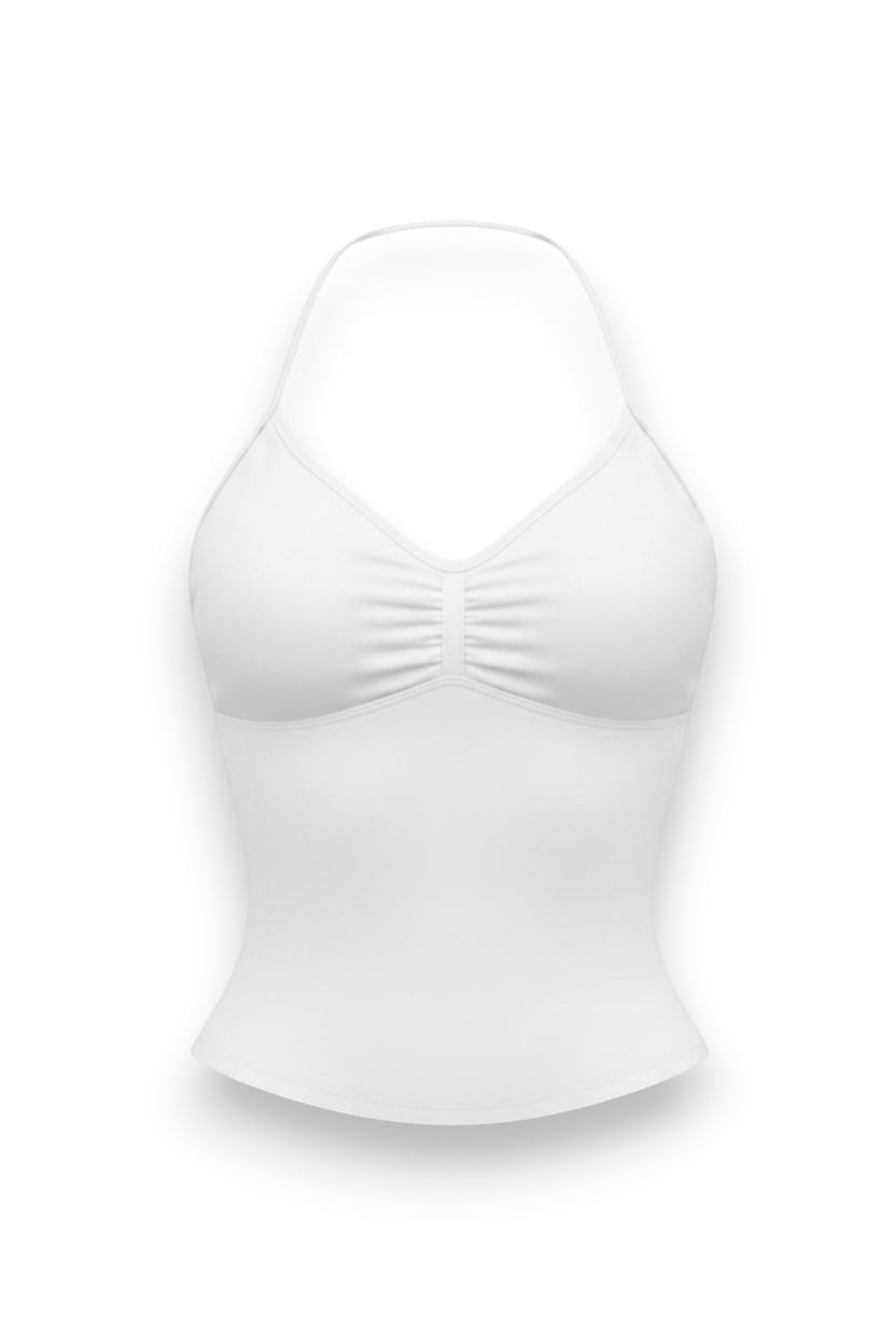 GLAMORZ white halter top with ruched bust detail and thin straps. A simple, elegant tank top.